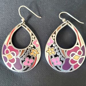 VTG Sterling Silver Plated Enamel Floral Teardrop Earrings